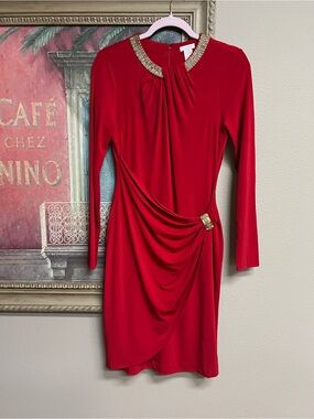 Cache Red Long-Sleeve Draped Cocktail Dress with Embellished Neckline